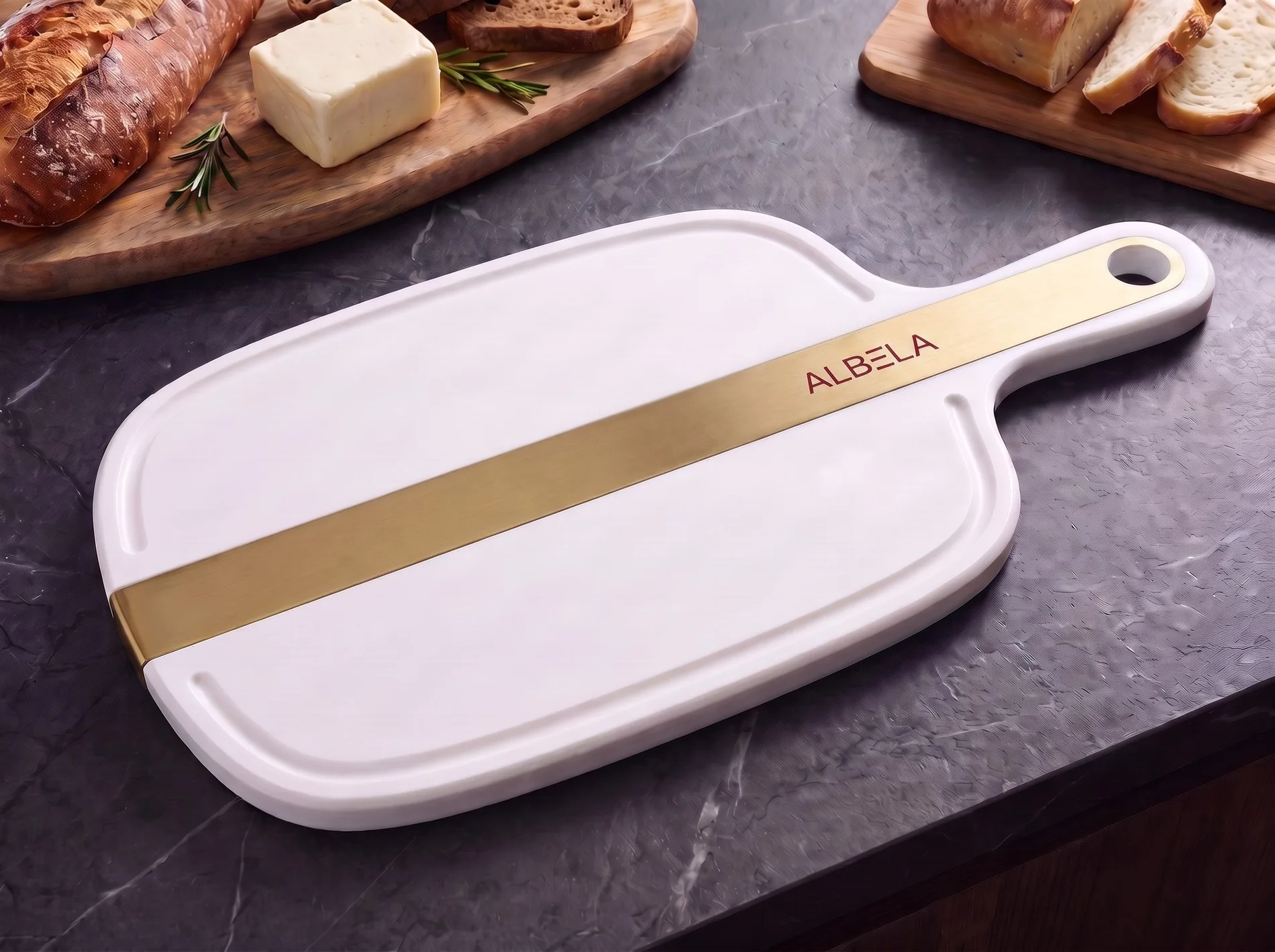 ALBELA URBAN LINE solid surface cutting board with a Brushed Gold insert