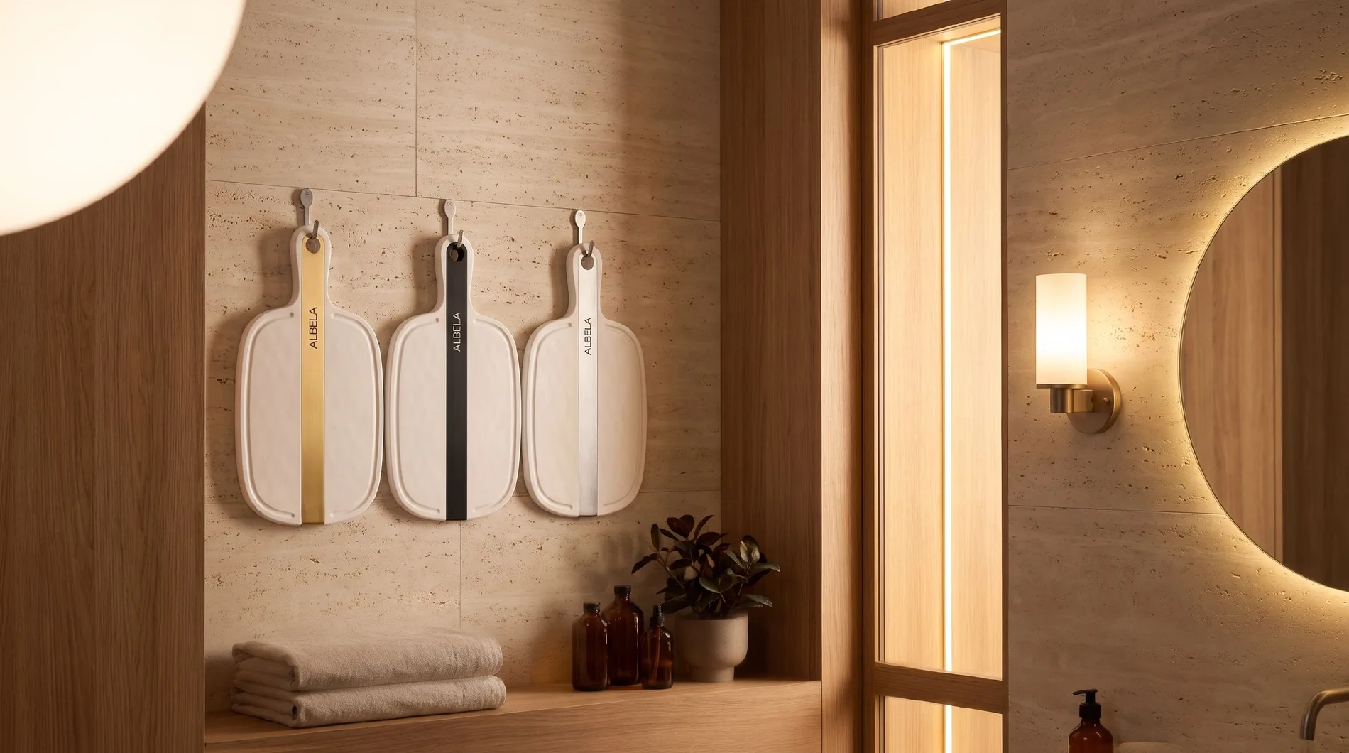 Three ALBELA URBAN LINE solid surface boards on a rail in a bathroom at dusk