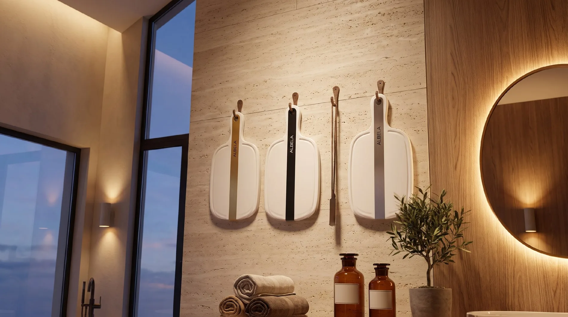 ALBELA URBAN LINE boards on hooks next to towels and bottles