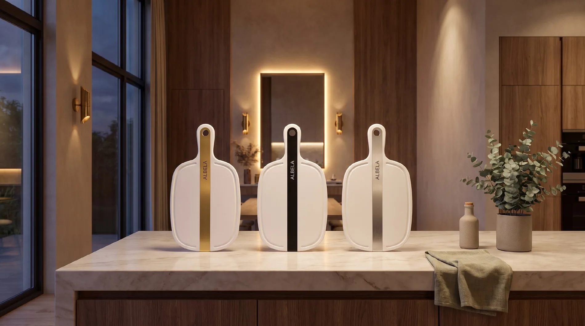 Three ALBELA URBAN LINE solid surface boards standing on a kitchen counter