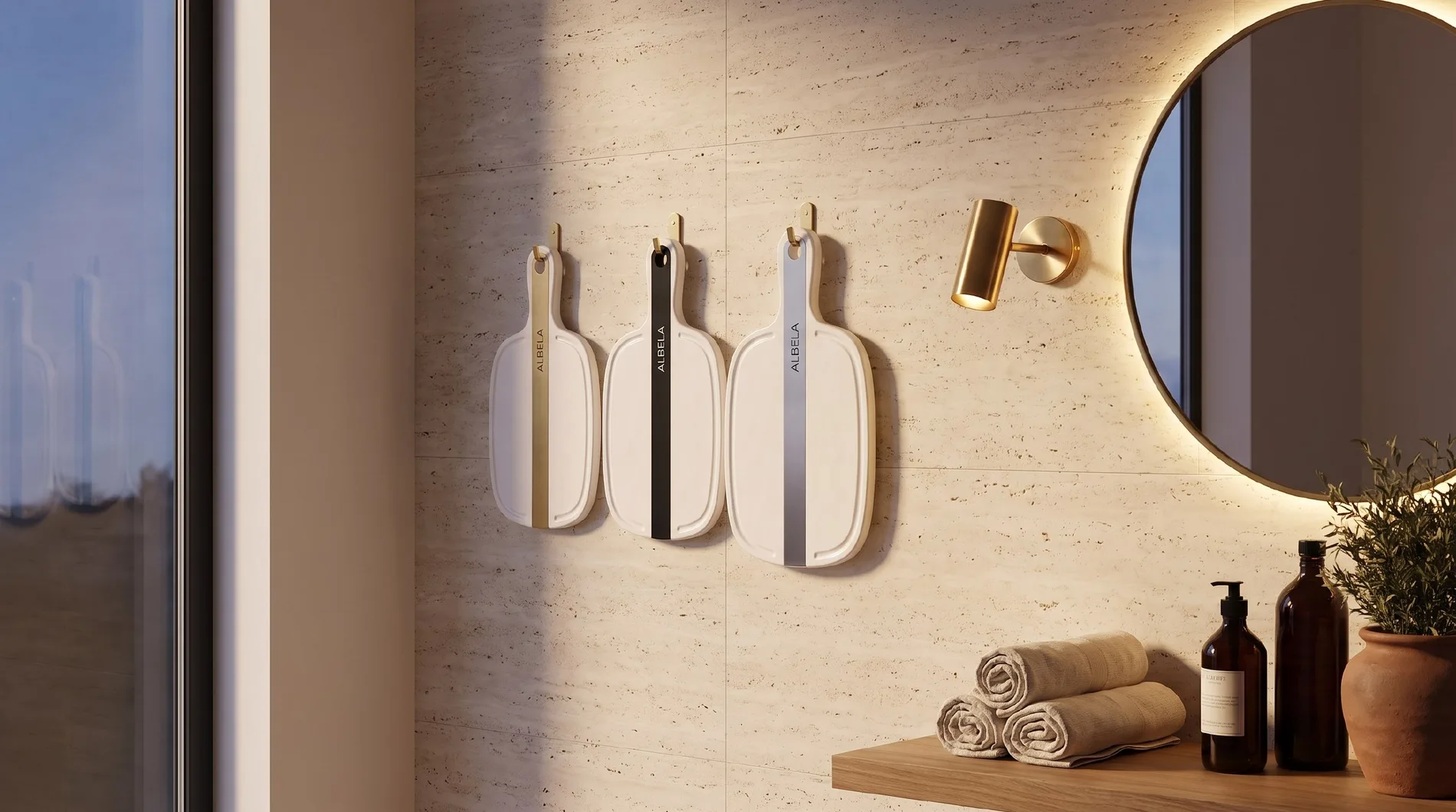 ALBELA URBAN LINE boards on hooks by a bathroom mirror