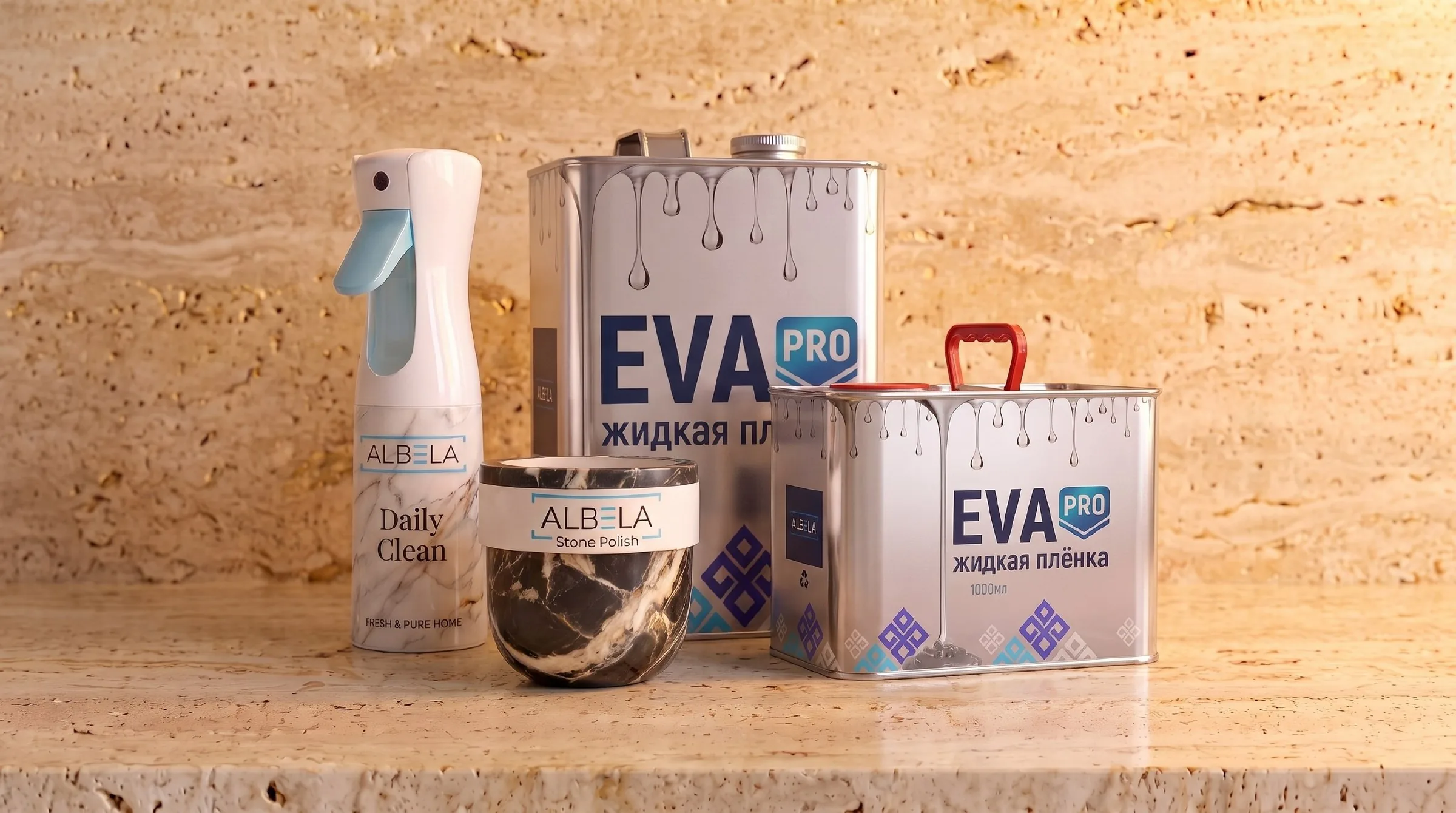 ALBELA Daily Clean, Stone Polish and EVA PRO solid surface care products