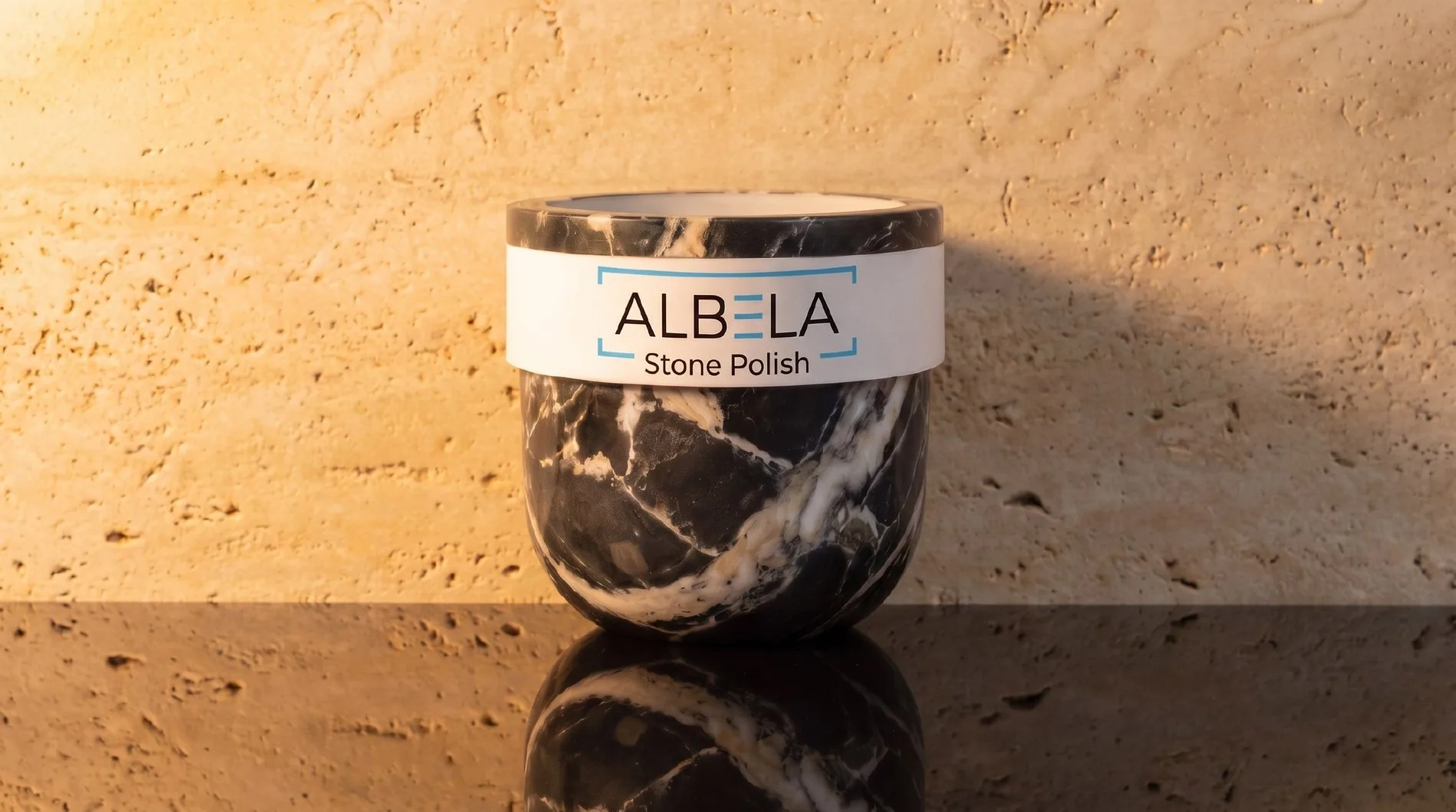 ALBELA Stone Polish restorative polishing paste in a bathroom interior