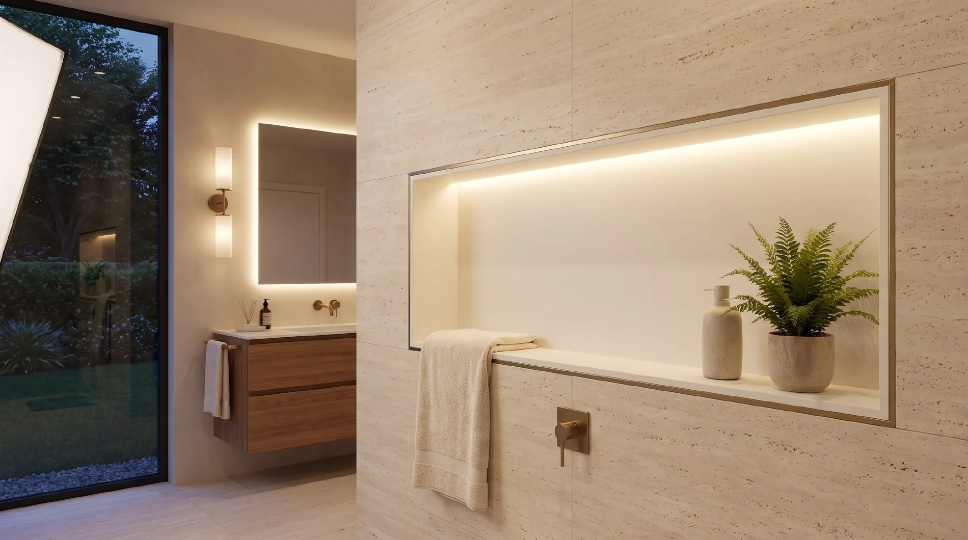 Ниша ALBELA Niche Slim с металлической накладной рамкой, полотенце и растение на полке