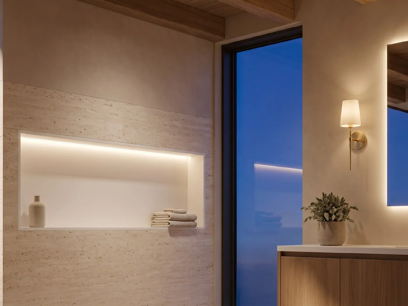 Встраиваемая ниша ALBELA Niche Slim с LED-подсветкой, крупный план полки с полотенцами