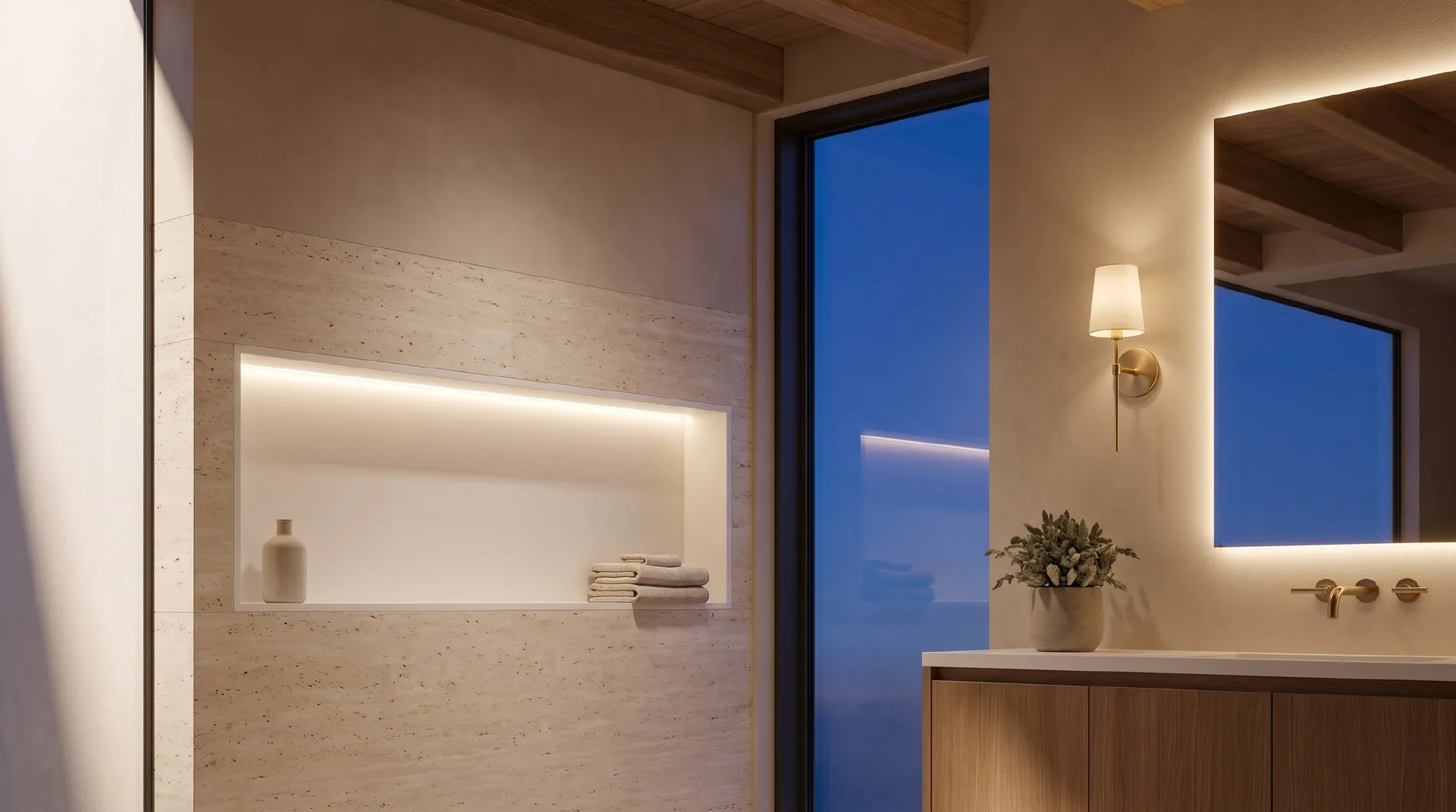 Ниша ALBELA Niche Slim с LED-подсветкой днём, на полке полотенца и флакон с жидким мылом