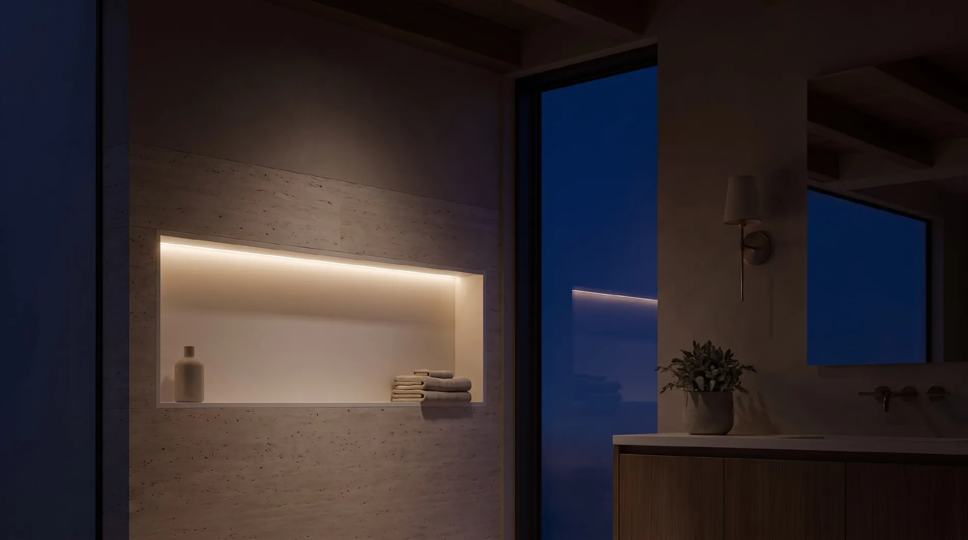 Ниша ALBELA Niche Slim с LED-подсветкой вечером, приглушённый общий свет в ванной комнате