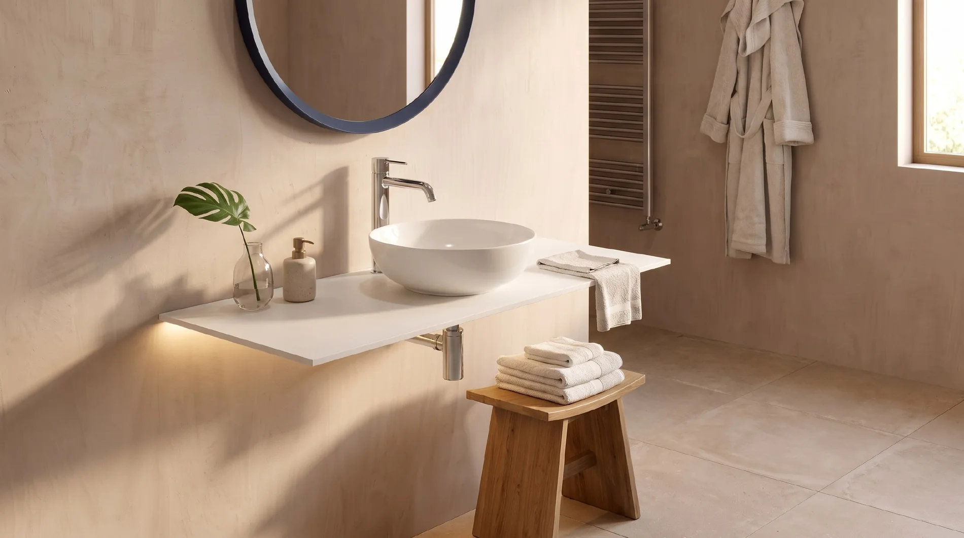 Wall-hung ALBELA SLIMA solid surface countertop with a vessel basin in a bathroom interior