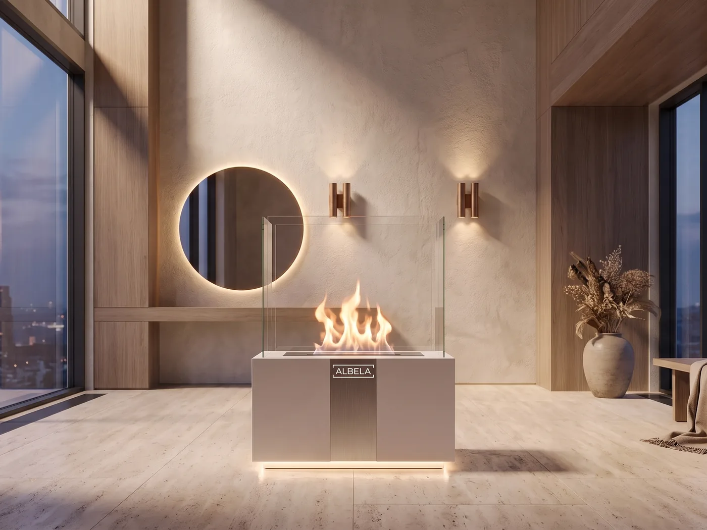 ALBELA GRAND VISTA solid surface bioethanol fireplace with a panoramic glass cube next to a round mirror