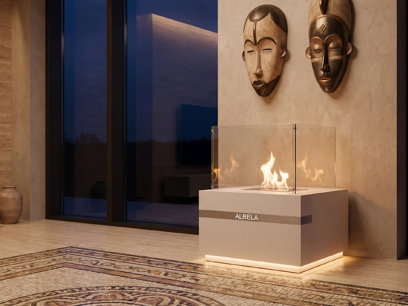 MAGIC VISION fireplace close-up — square body, glass cube and the steel band