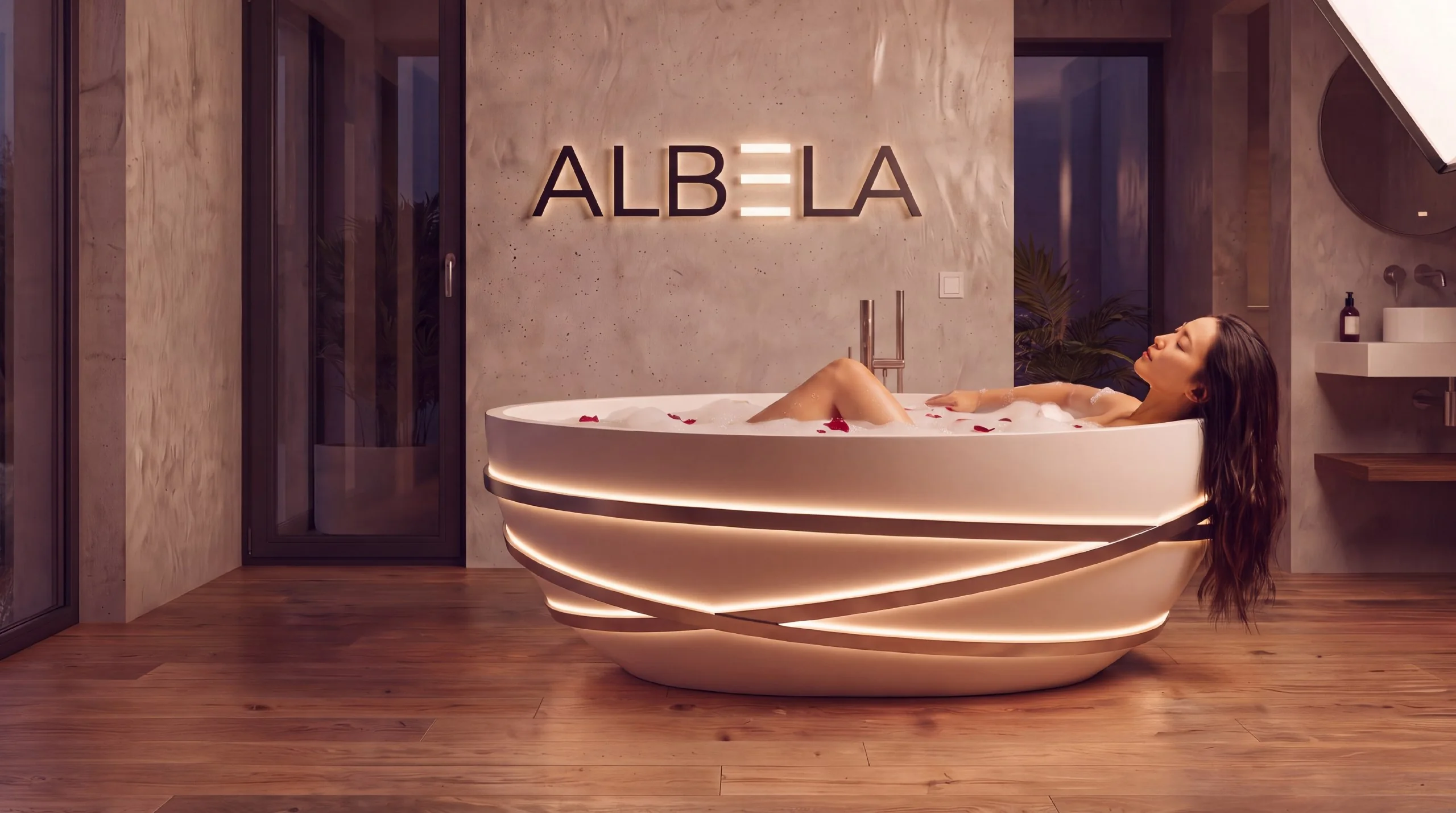 Ванна ECLIPSE ALBELA из искусственного камня с контурной LED-подсветкой в интерьере ванной комнаты