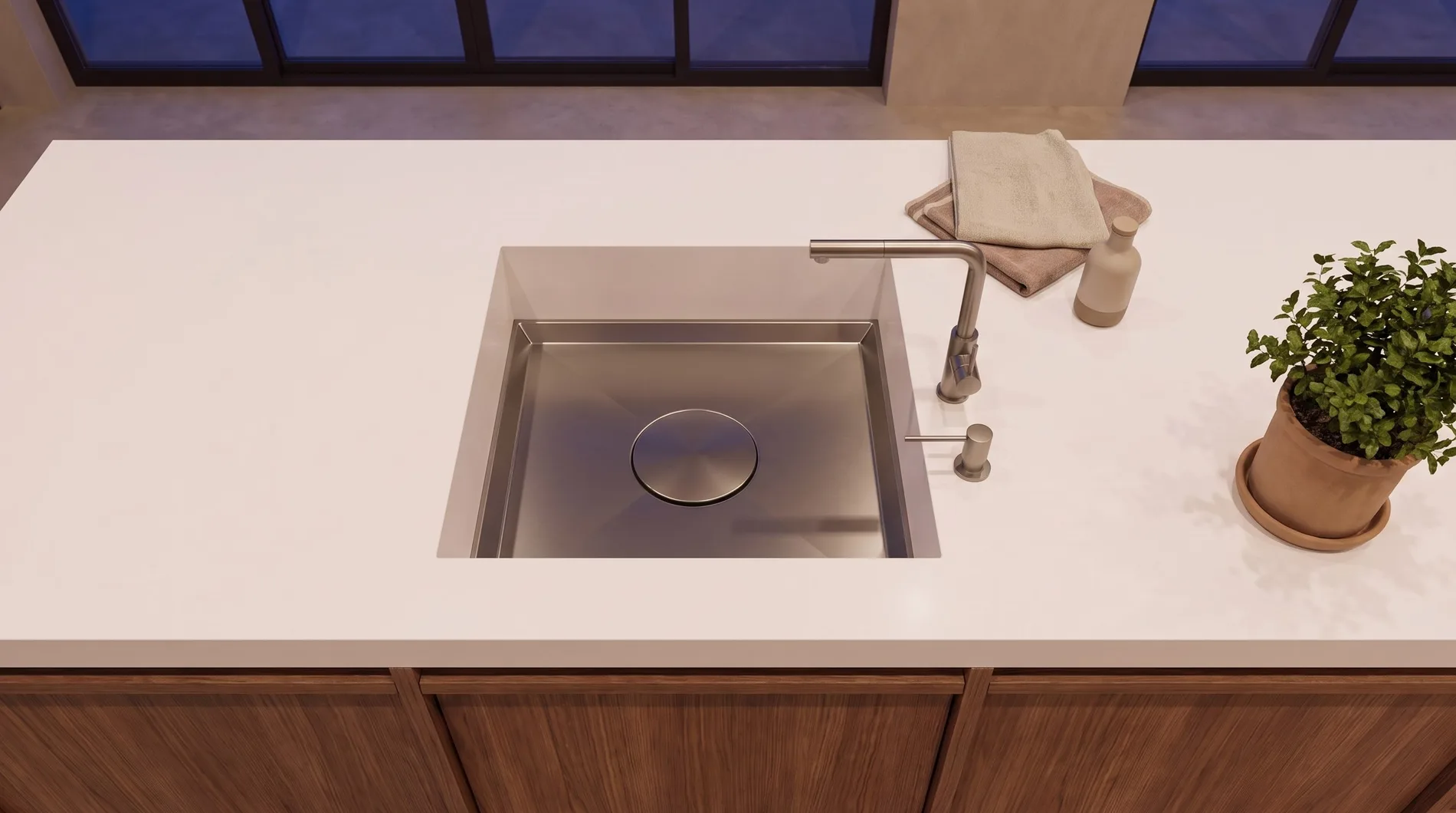 ALBELA DUAL sink from above — solid surface bowl, tap and drain valve