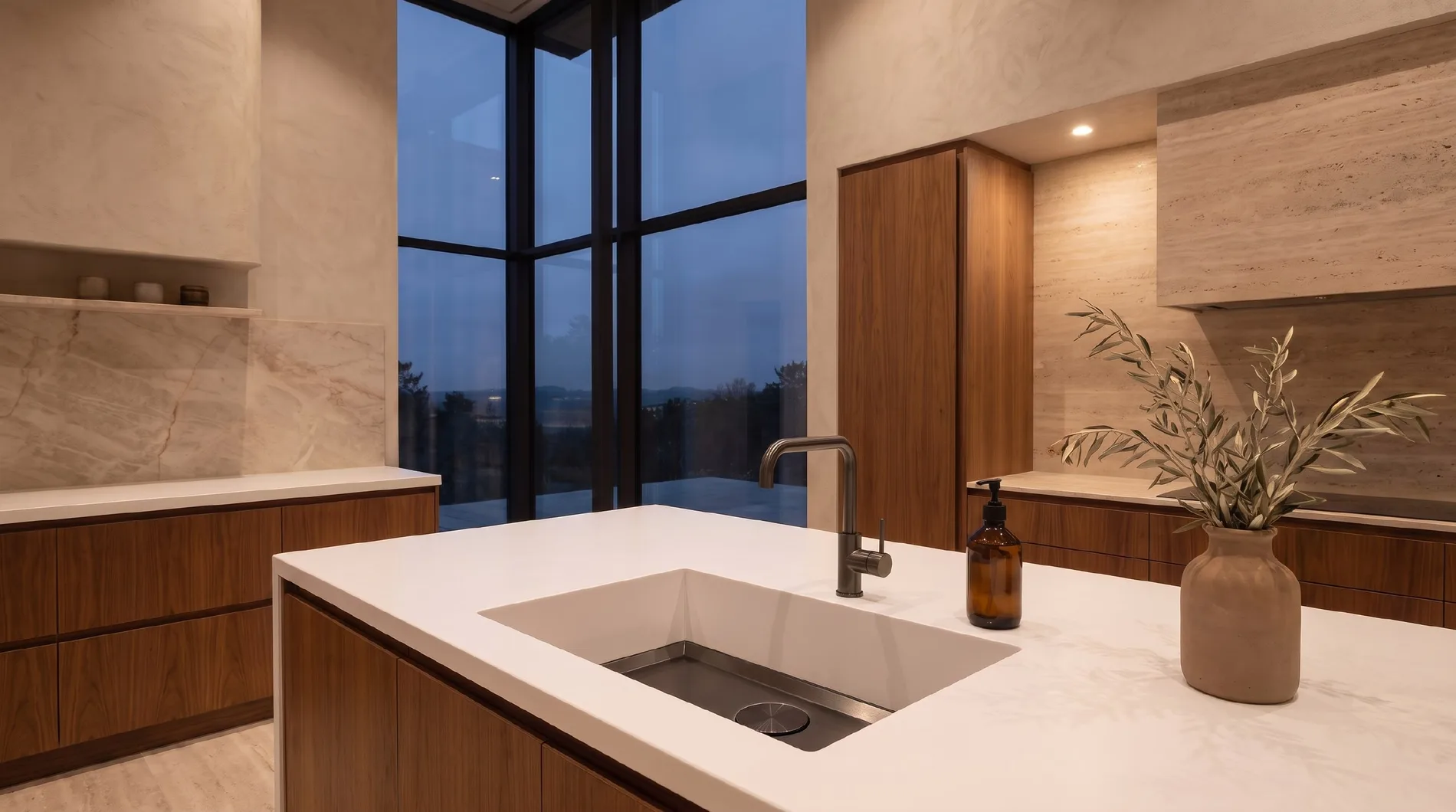 Kitchen island with an ALBELA DUAL sink against a marble backsplash and picture window