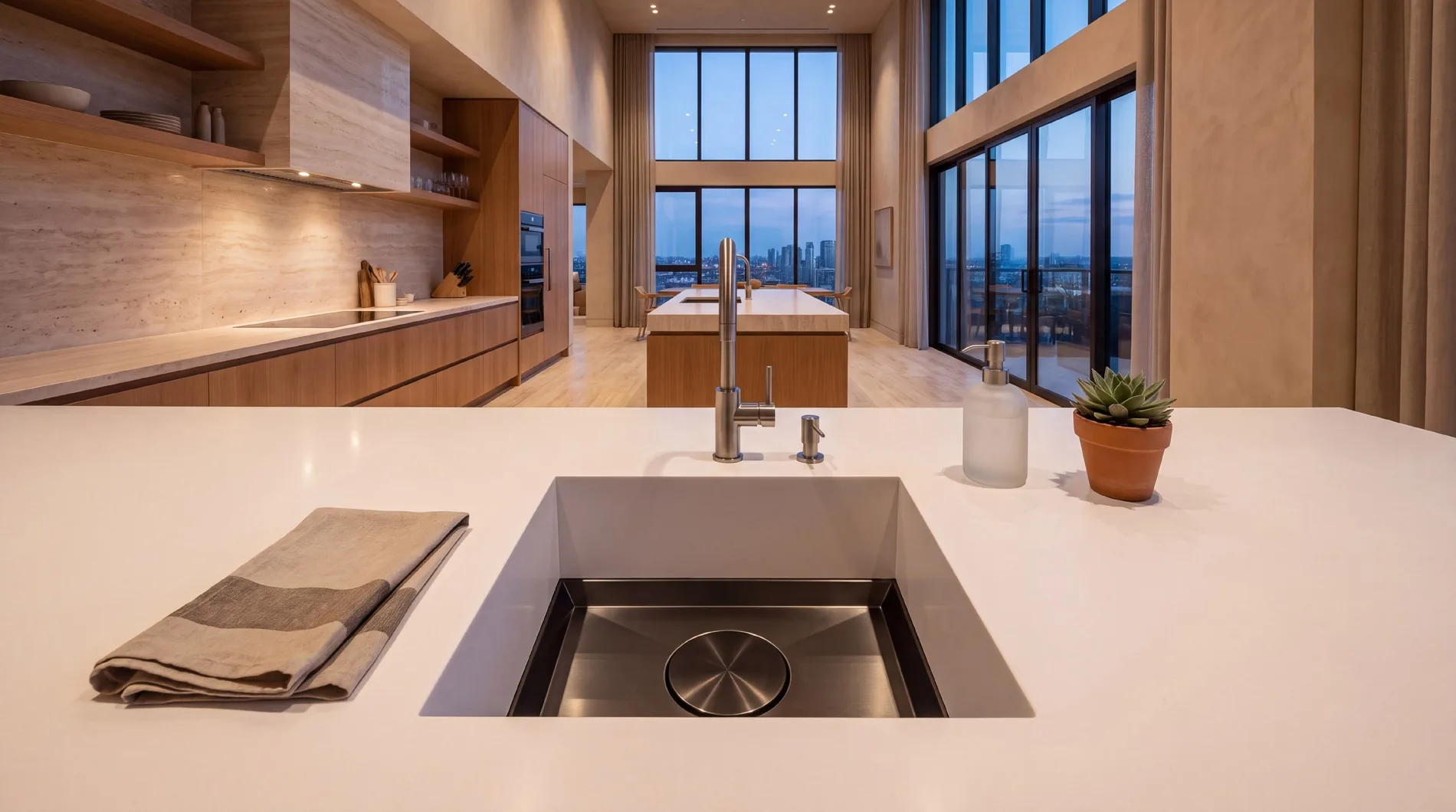 ALBELA DUAL sink on a kitchen island in a high-rise apartment with a city view