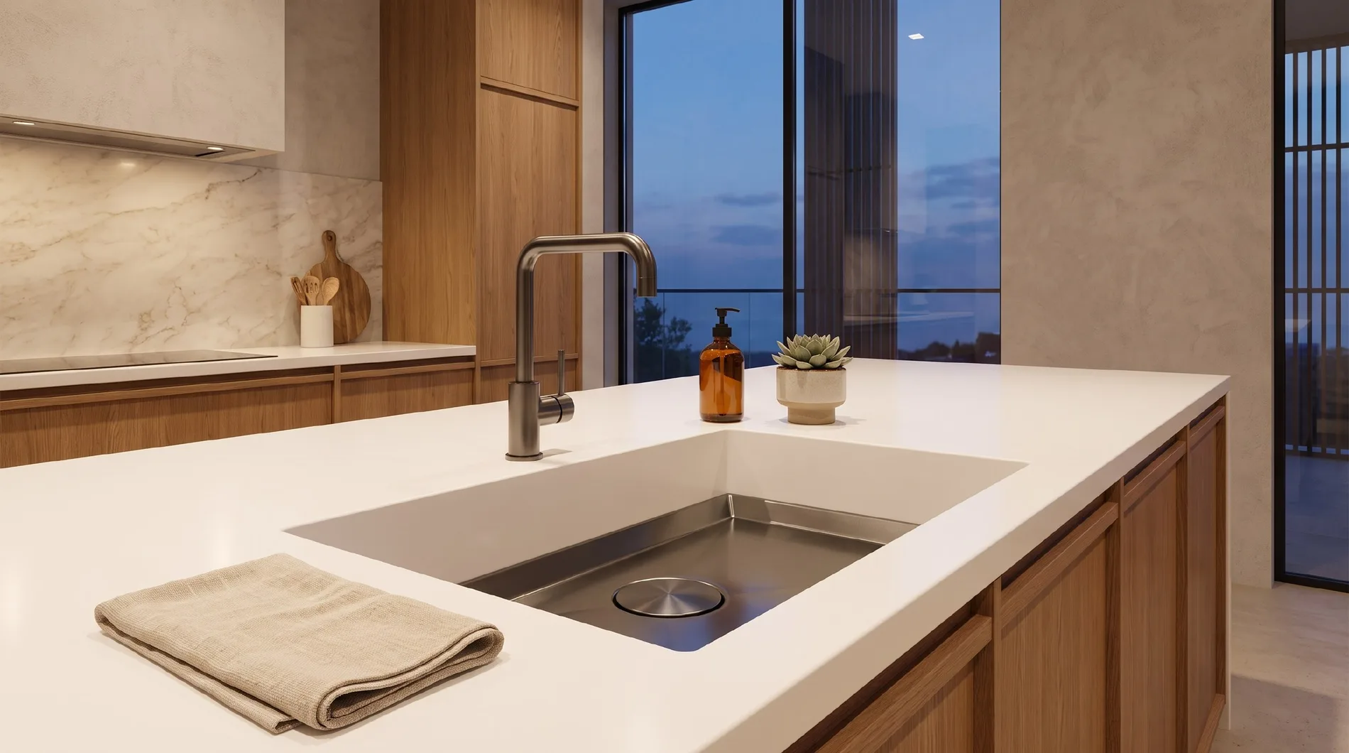 Corner ALBELA DUAL sink on a kitchen island with a marble backsplash and succulent plant