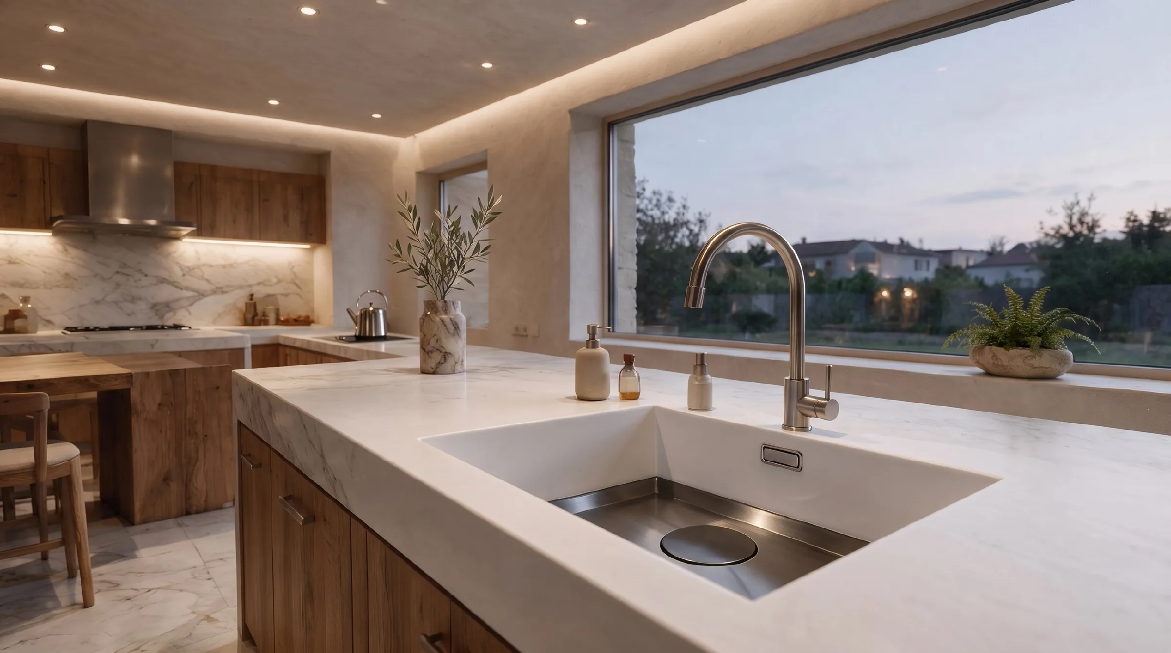 ALBELA DUAL combined solid surface kitchen sink on a kitchen island