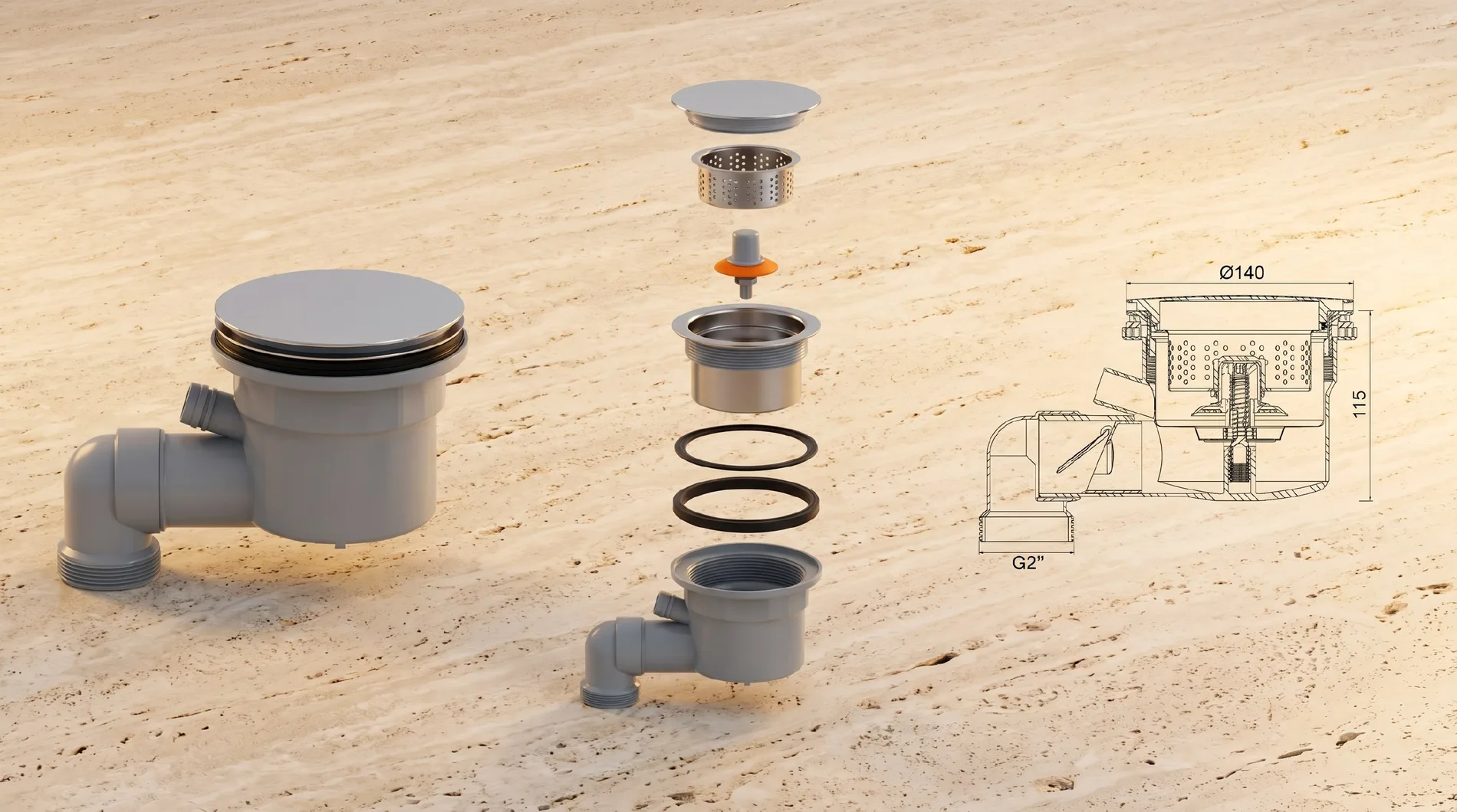 Cutaway diagram of the ALBELA \u00d8140 mm drain valve — neck diameter, 115 mm assembly height, G2-inch outlet