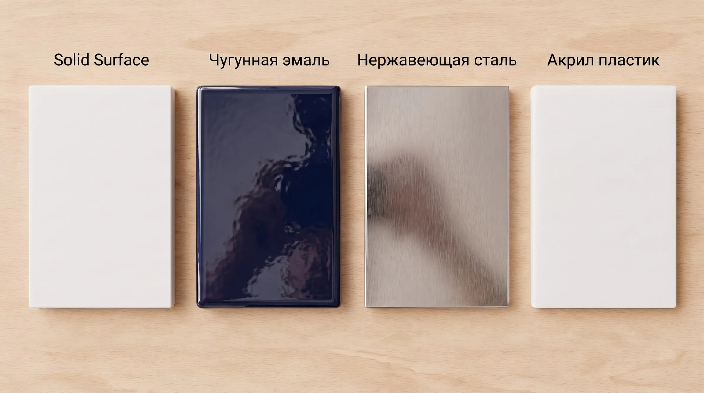 Четыре образца материала рядом: искусственный камень, чугунная эмаль, нержавеющая сталь, акрил