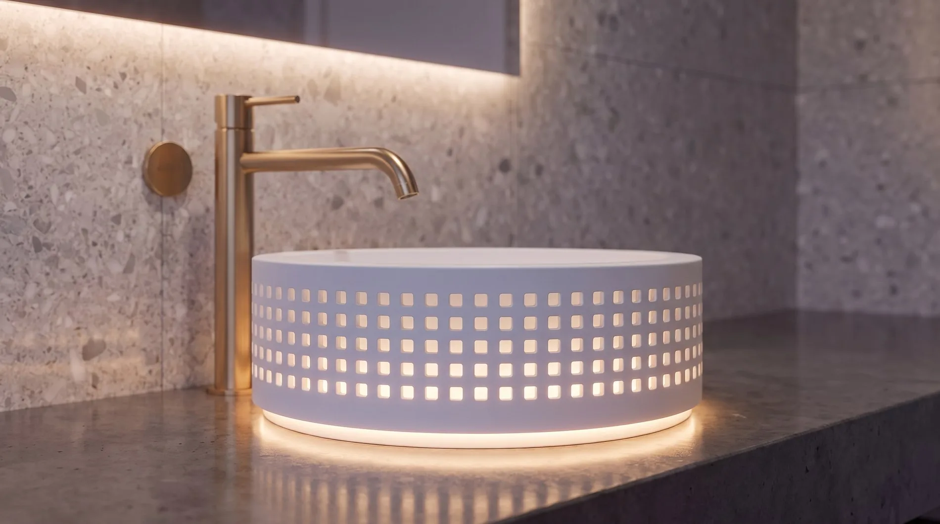 Накладная раковина из искусственного камня ALBELA PIXEL LIGHT в интерьере ванной комнаты