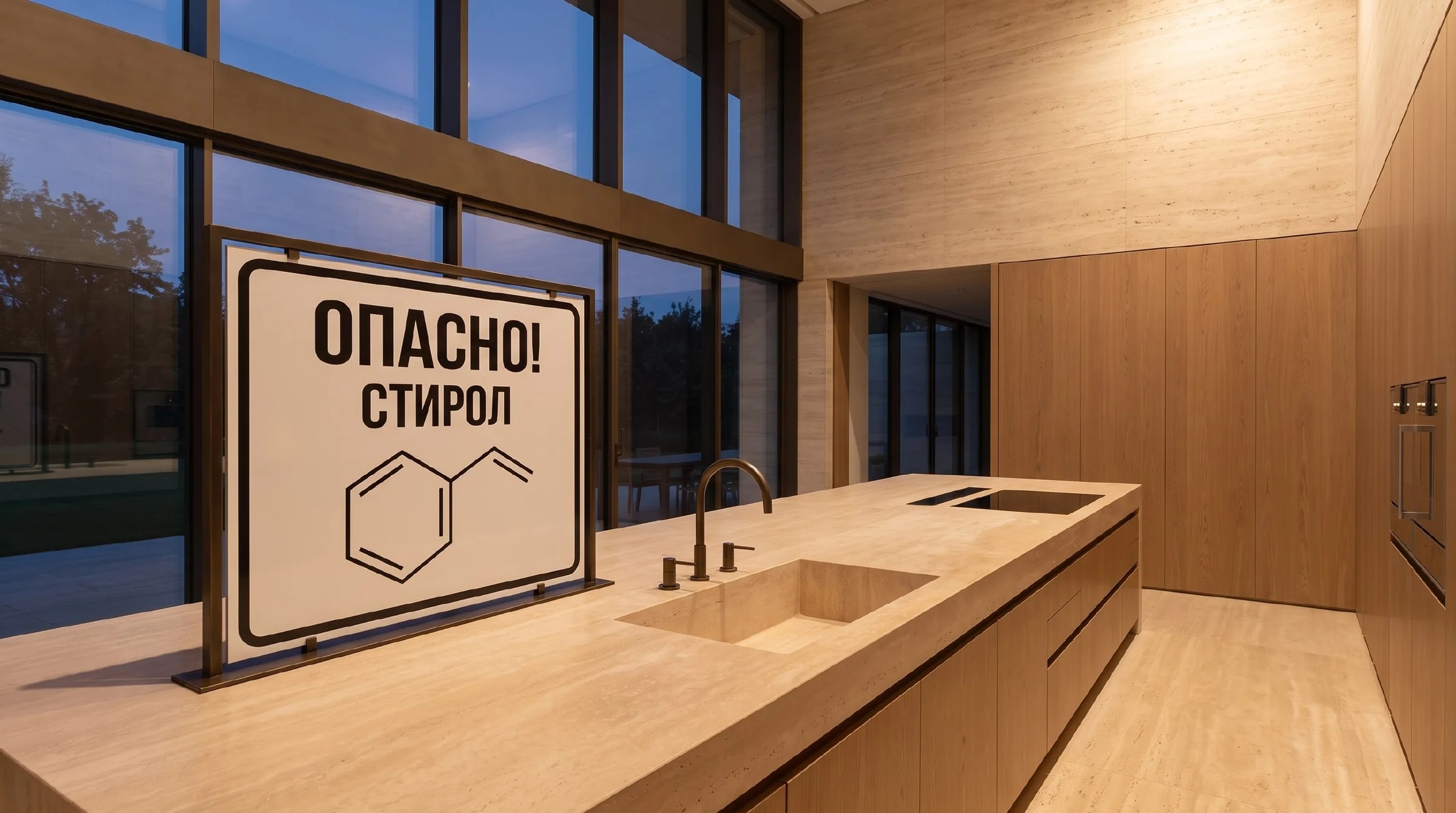 Предупреждающий знак «Опасно! Стирол» с формулой мономера на кухонной столешнице из искусственного камня